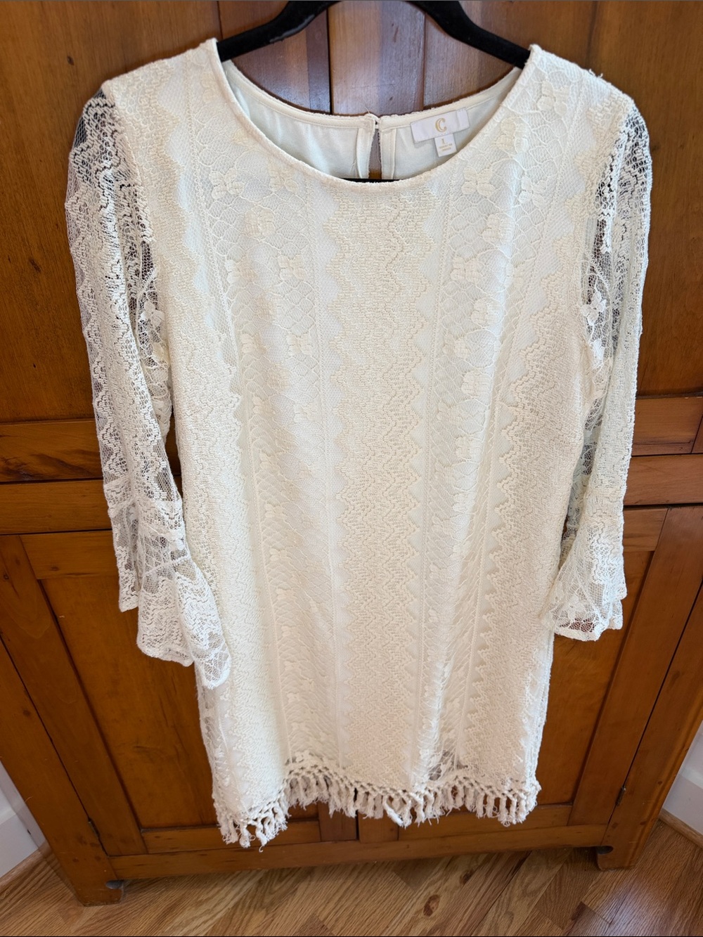 C Cream Lace Shift Dress with Sheer Sleeves & Fringe Hem, Large